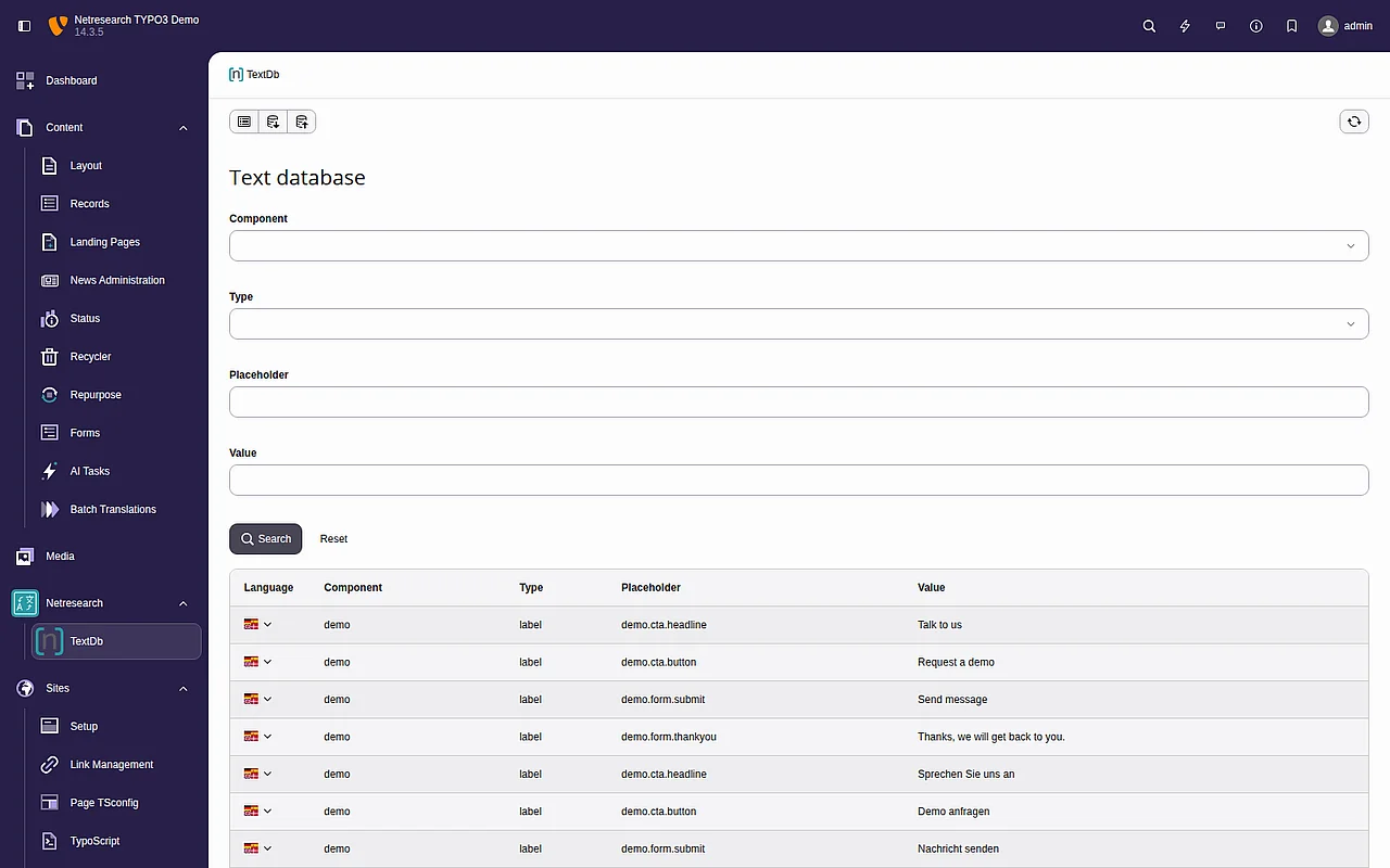 The TextDb module listing label records with their component, type, placeholder and value