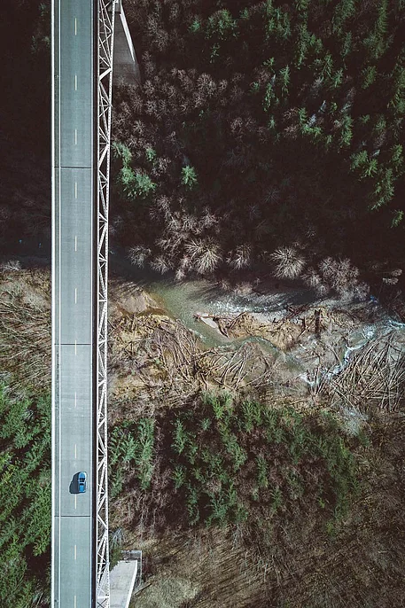 An aerial view of a bridge over a winding river, surrounded by dense forests. A single car is seen driving on the road above, with a contrast of dark tree cover and lighter areas near the water.