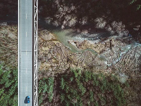 An aerial view of a bridge over a winding river, surrounded by dense forests. A single car is seen driving on the road above, with a contrast of dark tree cover and lighter areas near the water.